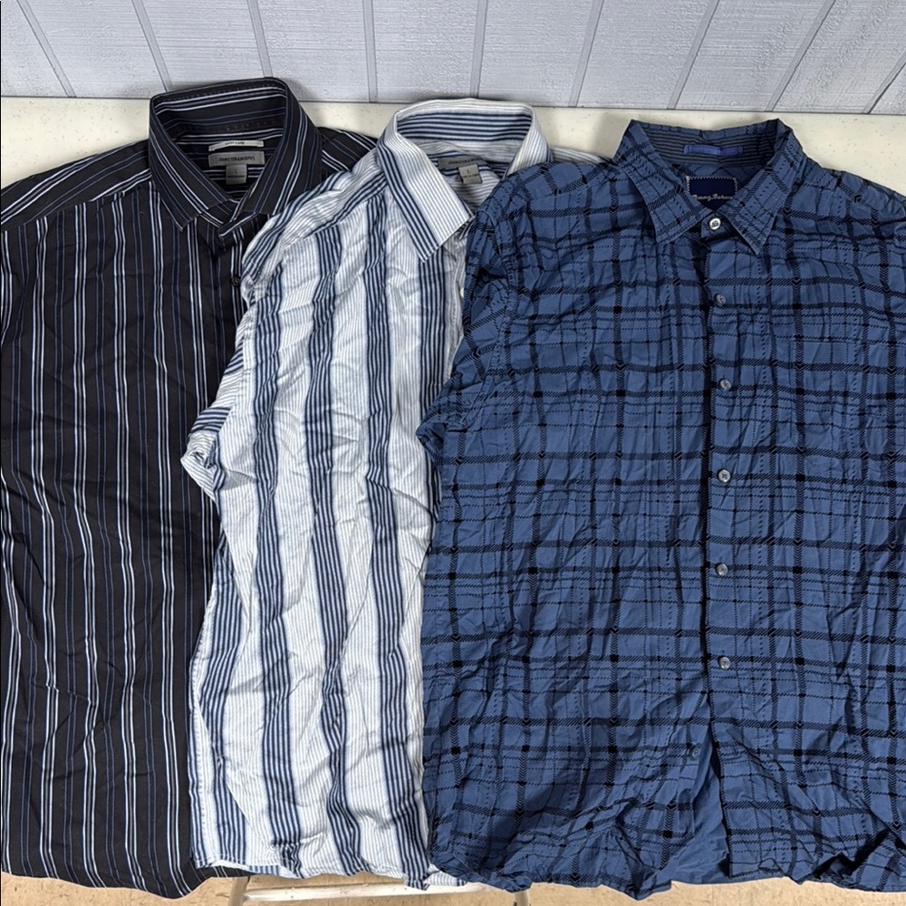 Men's Striped and Checkered Shirt Set - Black, White, Blue